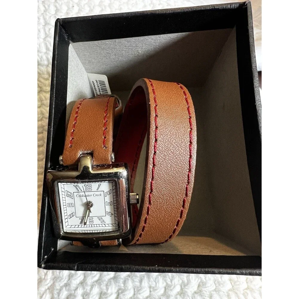 Coldwater Creek Silver Tone Square Case Brown Leather Wrap Band Watch. New